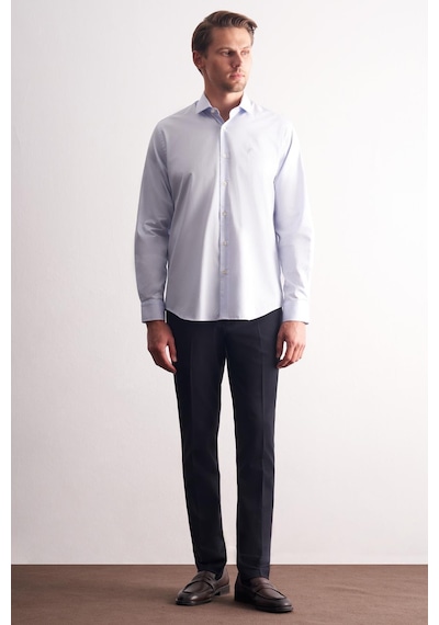 İmza Mavi Yarım İtalyan Yaka Uzun Kol Premium Slim Fit %100 Pamuk Gömlek 1004255197 Mavi