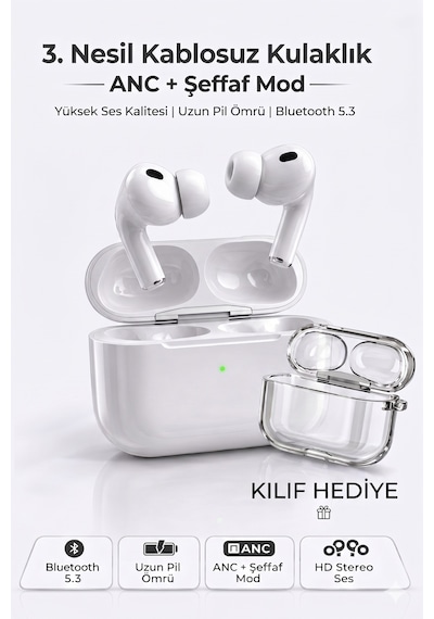 Air Pro3 ANC 2026 Dokunmatik Premium Bluetooth Kulaklık - Aktif Gürültü Engelleme, HD Ses, Şeffaf Mod, Tüm Telefonlarla Uyumlu