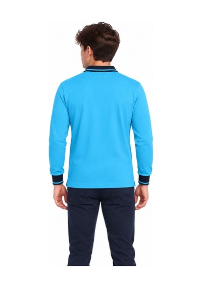 Lacivert Yakalı Turkuaz Uzun Kol Düz Renk Lakos Sweat Polo Yaka Sweatshirt
