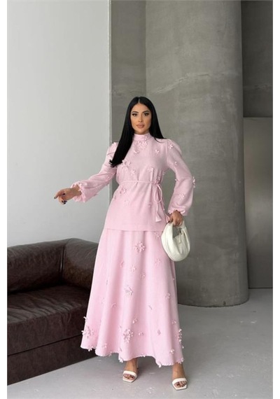 Neşeli Butik Kadın Pembe Keten Kumaş Çiçek Aplikeli Hakim Yaka Etekli Takım Nbms2629