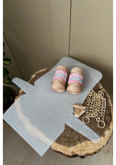 Kanvas Çanta Örgü Kiti 45x21cm -sütlü Kahve Gold Zincir Polyester Makrome No.3 Plastik Kanvas Ça...