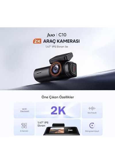 C10 2k Qhd Wifi Ekranlı Araç Kamerası 140 Derece Geniş Açı Gece Görüş G-sensörlü Araç İçi Kamera