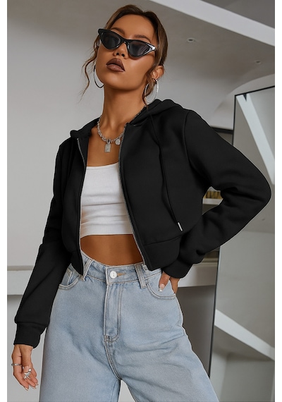 Cool Tarz Kadın Kapüşonlu Şardonlu Siyah Renk Crop Sweatshirt Siyah Siyah