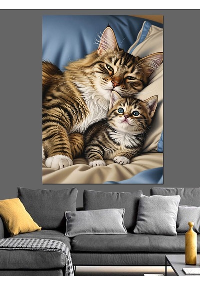 Ahşap Tablo Uyuyan Sevimli Kedi Dostlar