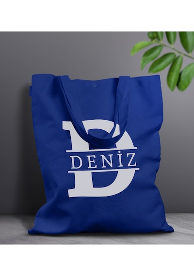 Bk Gift Kişiye Özel Harfli Saks Mavi Kumaş Bez Çanta-1, Baskılı Omuz Çantası, Alışveriş Çantası