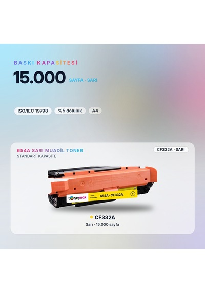 Hp 654a Cf332a Sarı Uyumlu Toner - Çipli / Color Laserjet Enterprise M651