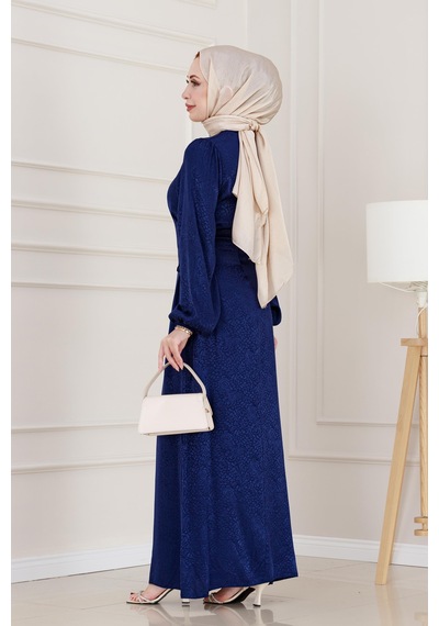 Banu Yanı Bağcıklı Saten Abiye-lacivert-4950