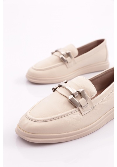 Dgn 981z Kadin Metal Tokali Loafer Ayakkabi Ekru Napa