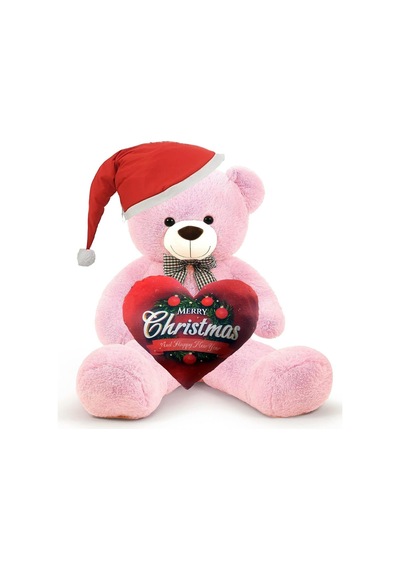 Yeni Yıla Özel : Elinde Baskılı Kalbi Ve Noel Şapkalı 90 Cm Papyonlu Peluş Ayıcık - Yeni Yıl Temalı 001