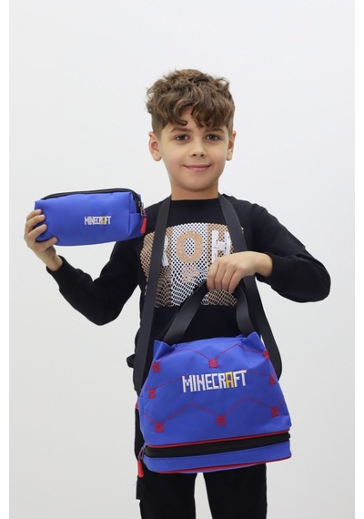 Maycraft Lisanslı Erkek Çocuk İlkokul Çanta Seti 3'lü Sırt Çantası Termal Beslenme Çantası Kalemlik Lacivert