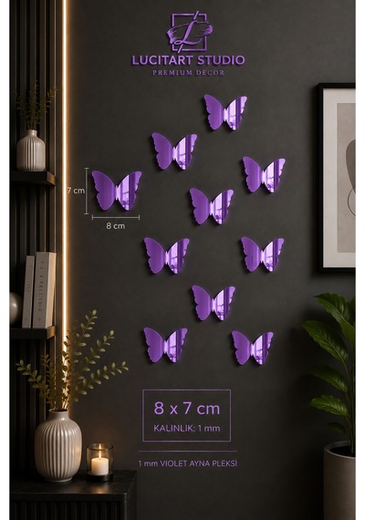 10'lu Mor Violet Ayna Pleksi Kelebek Duvar Dekoru - 1 Mm Lüks Dekoratif Kelebek Seti Mor