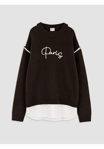 LC Waikiki Lcw Kids Kahverengi Paris Nakışlı Kız Çocuk Triko Kazak Chocolate Brown