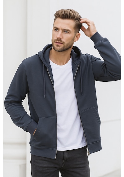 Rich Erkek Füme Kapüşonlu Kanguru Cepli Fermuarlı Sweatshirt Füme