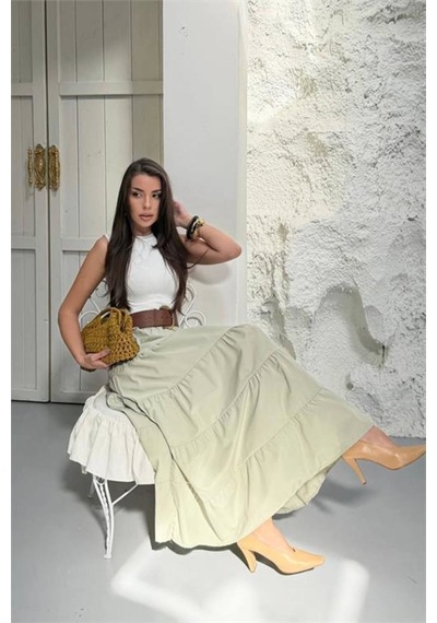 Neşeli Butik Kadın Bej Kat Kat Volanlı Tam Boy Etek Nbg128