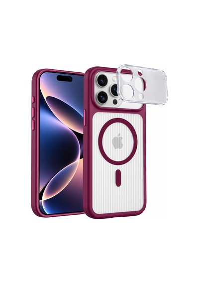 İphone 14 Pro Max Uyumlu Magsafe Manyetik Kılıf Kamera Korumalı, Çizgili Dokulu, Darbelere Ve Çizilmelere Karşı Dayanıklı, Şık Tasarım Telefon Kılıfı Bordo