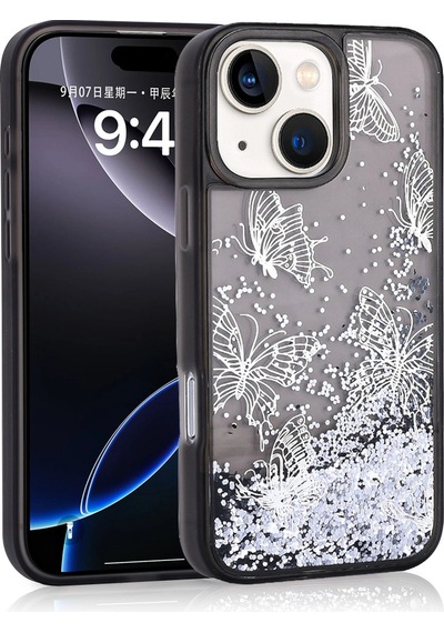 Apple Uyumlu iPad iPhone 15 Kılıf Sıvılı Simli Kelebek Baskılı Şeffaf Arka Yüzey Zore Glis Silikon Kapak