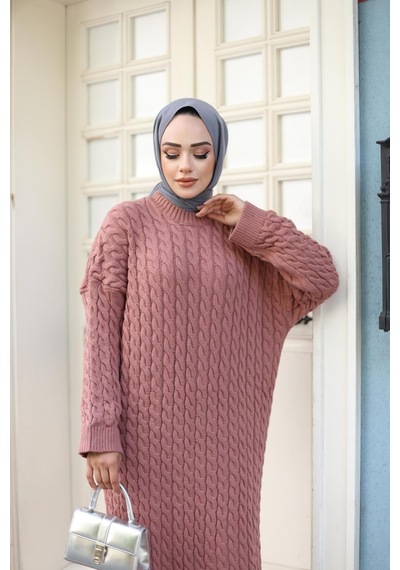 Harman Butik Kadın Örgülü Triko Tesettür Elbise Gül Kurusu Gül Kurusu