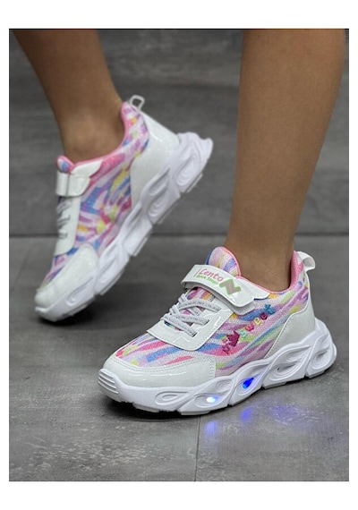 Adımist Çocuk Unisex Rahat Ortopedik Taban Işıklı Snakers Spor Ayakkabı Lento Işıklı Beyaz Pembe