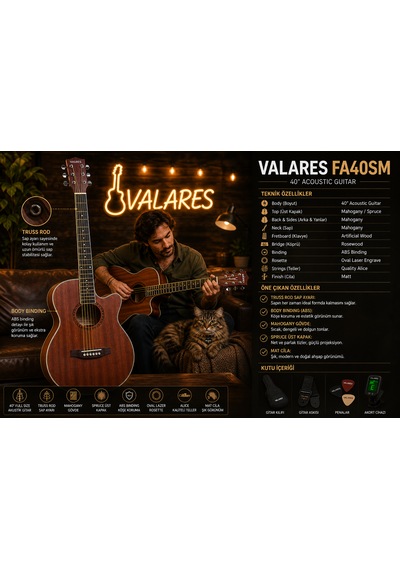 Valares Fa40mg / Fa40sm 40 Akustik Gitar Maun & Ladin Gövde Mat Yüzey Kaliteli Teller Orta Seviye Natural