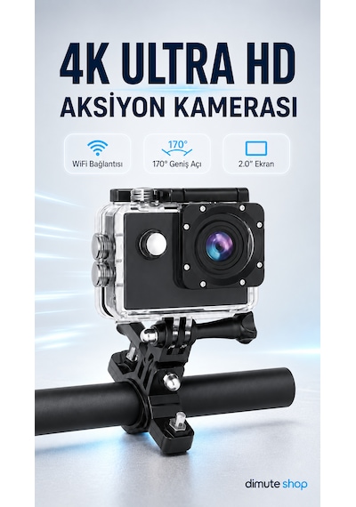 4k Wifi Aksiyon Kamerası 170 Geniş Açı Spor Kamera Ön Kayıt + Kask Montaj Aksesuar Seti Siyah