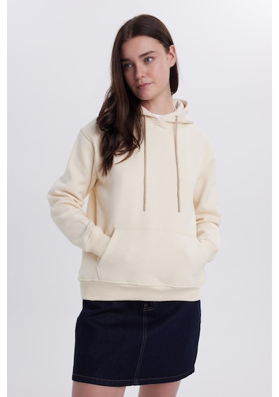 Tudors Kadın Relax Fit Rahat Kesim Pamuklu Kapüşonlu Kanguru Cepli Taş Sweatshirt-39943 Taş