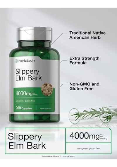 Horbäach Slippery Elm Bark 200 Capsules Non-gmo Gluten Free. Aromasız