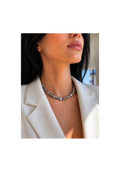 Gri Hematit Doğal Taş Kadın Kolye - Amorf Kesim Choker, 40+5 Cm Çok Renkli