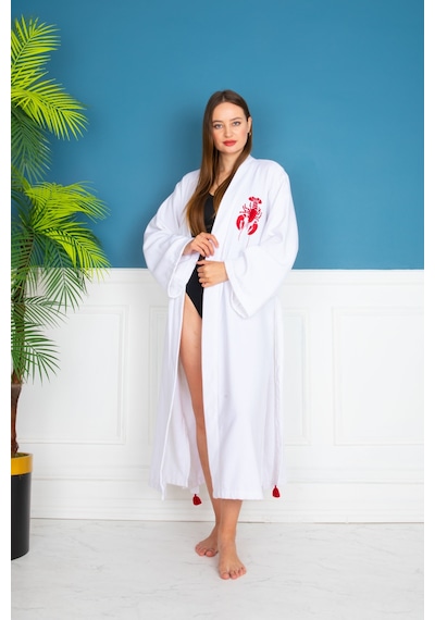 Eumenia Kırmızı Istakoz Nakışlı Kimono & Kaftan Beyaz