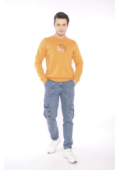 Escetic Erkek Spor Slimfit, Bisiklet Yaka Orange Sweatshirt-4265