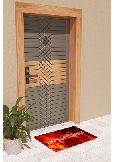 Rugmood Modern Dijtal Baskı Alevli Hoşgeldiniz Kapı Önü Paspası Kırmızı