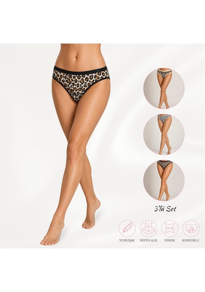 Tutku Kadın Leopar Desenli Pamuklu Külot 3 Lü Set Esnek Rahat Slip Çok Renkli
