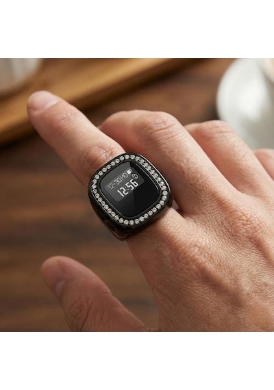 Elektronik Tesbih Yüzük 18 Mm Zirkon Taş Detaylı Zikirmatik Siyah