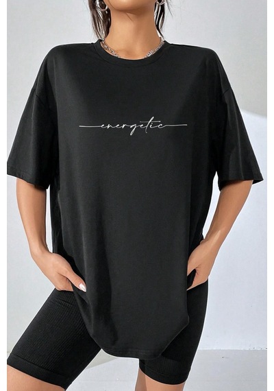Energetic Ön Baskılı Bisiklet Yaka Kadın Oversize Tshirt SIYAH