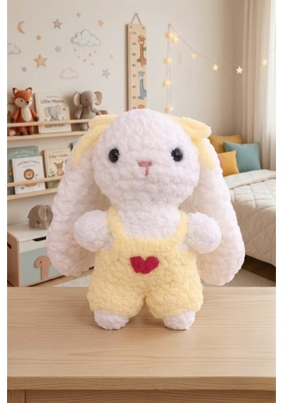 Amigurumi Kadife Örgü Küçük Boy Oyuncak Tavşan Beyaz Boy 20 Cm En 15 Cm Kulak 13 Cm - Sarı