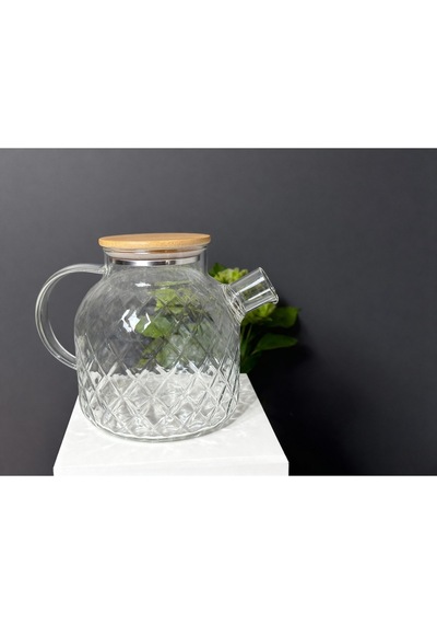 Çnr Home Collection Bambu Kapaklı Cam Sürahi & Çaydanlık & Yağlık Çok Amaçlı Isıya Dayanıklı Cam Demlik
