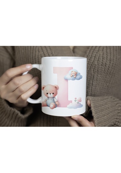 I Baş Harf Sevimli Ayıcık Detaylı Kupa Bardak, Tatlı Pembe Bardak Hediyesi - Teddy Figür Beyaz