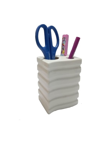 Kalemlik Kare Çizgili Model Seramik Ofis Gereci 8x6x11cm Beyaz - Çok Renkli