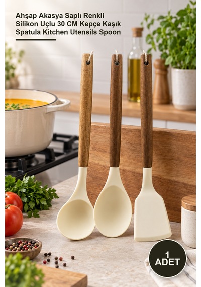 1 Adet Silikon Mutfak Seti Ahşap Akasya Saplı Renkli Silikon Uçlu 30 Cm Kepçe Kaşık Spatula Kitchen Utensils Spoon