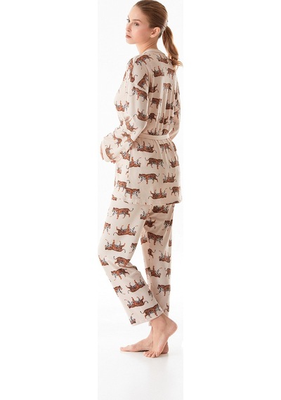 Fullamoda Kaplan Desenli V Yaka 3 Lü Pijama Takımı 24mıcg631216523-bej Bej