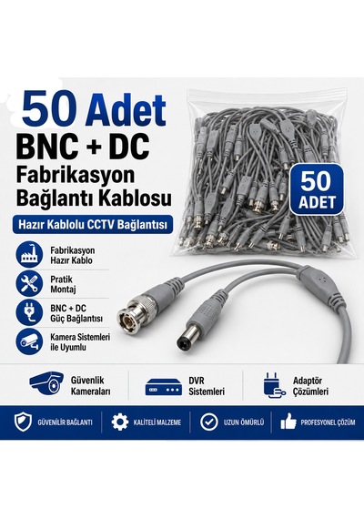 50 Adet Fabrikasyon Bnc + Dc Power Jack Kablolu Cctv Güvenlik Kamera Görüntü Ve Güç Bağlantı Kablosu