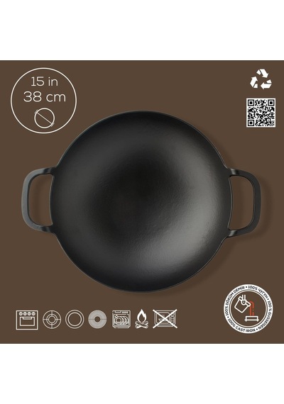 Lava Döküm Wok Tava, Metal Kulplu, 38cm, Siyah Genel