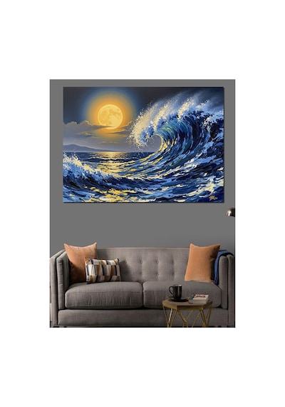 Dolunay Altında Dev Okyanus Dalgaları Yağlı Boya Dokulu Kanvas Tablo Canvas Tablosu