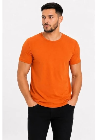 Defymoda Erkek Basic Tişört Bisiklet Yaka Kısa Kol Günlük Yazlık Slim Fit T-shirt - Turuncu