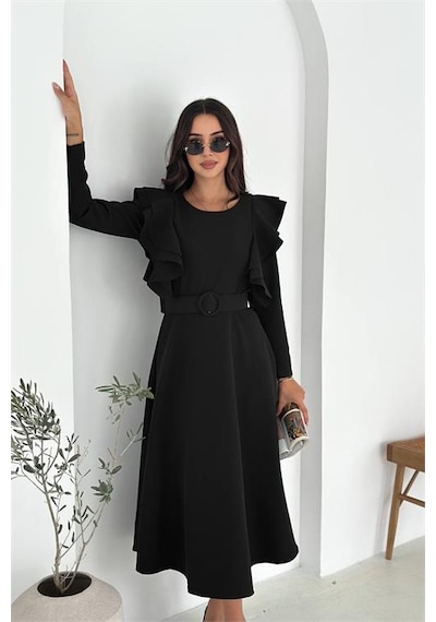 Neşeli Butik Kadın Kol Fırfırlı Kemerli Midi Boy Elbise Nbk4309 Siyah