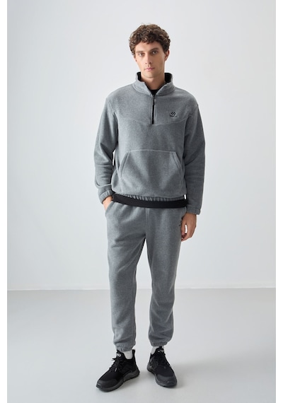 Tommy Life Gri Melanj Yarım Fermuar Dik Yaka Lastik Paça Polar Erkek Eşofman Takımı - 85159 GRİ MELANJ