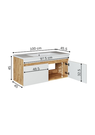 Roomart '' Lavabolu '' Atlantik-beyaz Mdf 100 Cm Banyo Alt Dolabı Atlantik Çam - Beyaz