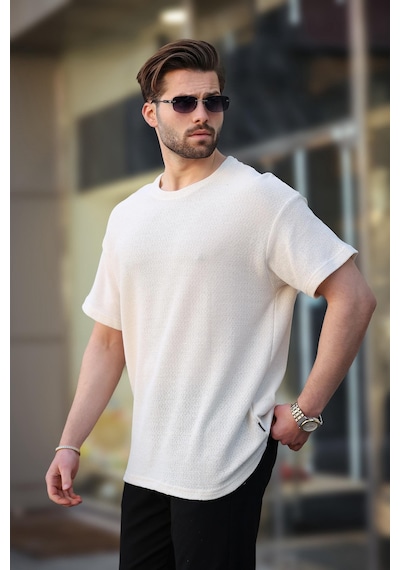 Madmext Ekru Bisiklet Yaka Oversize Erkek T-shirt E7134 Ekru