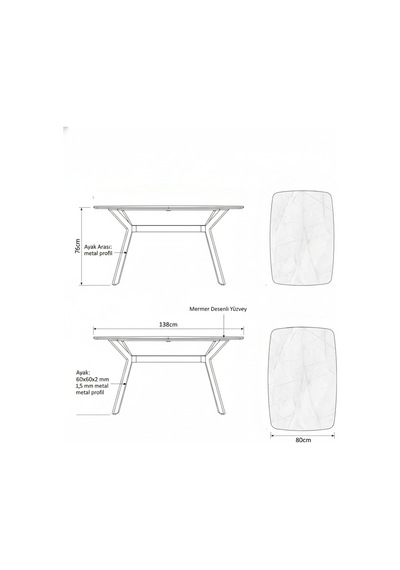 Dikdörtgen Mermer Desenli Yemek Masası Gri Siyah 138x80x76 Cm Atlantik - Çam