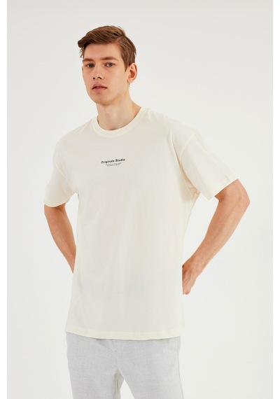 Leo Erkek Oversize Tshirt %100 Pamuk Bisiklet Yaka Baskı Detaylı Basic Tişört Mtlce81 Ekru