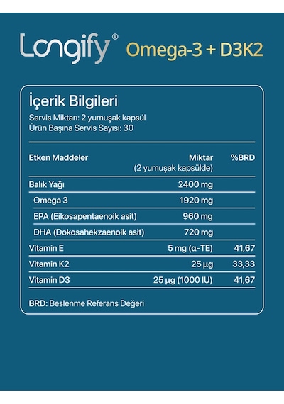 Longify Omega 3 + D3K2 IFOS Onaylı Yüksek EPA & DHA Vitamin D3 Vitamin K2 MK7 Vitamin E Balık Yağı 60 Yumuşak Kapsül